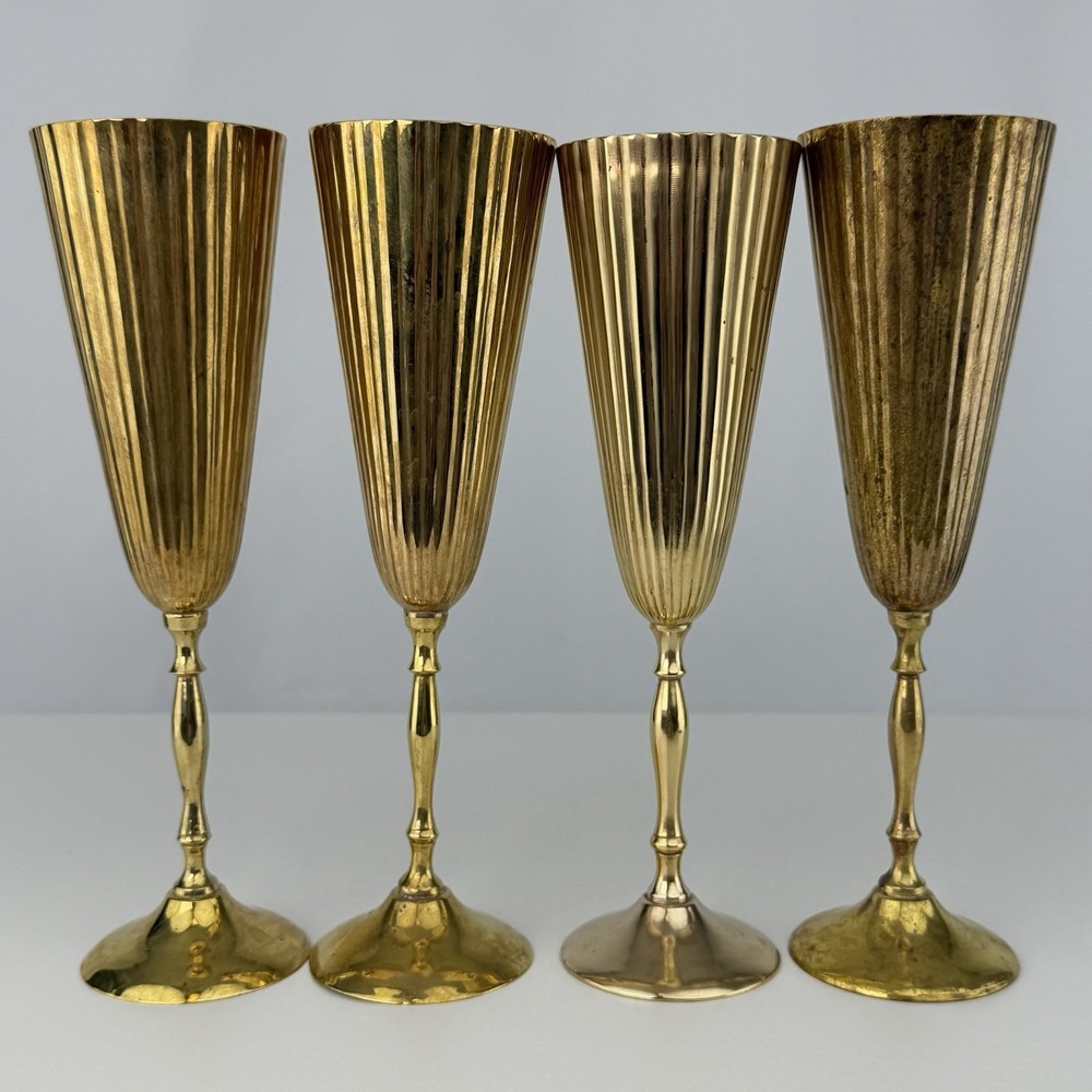 Vintage Brass Champagne Flutes Set of 4 Ribbed Fluted Goblets 9" Barware